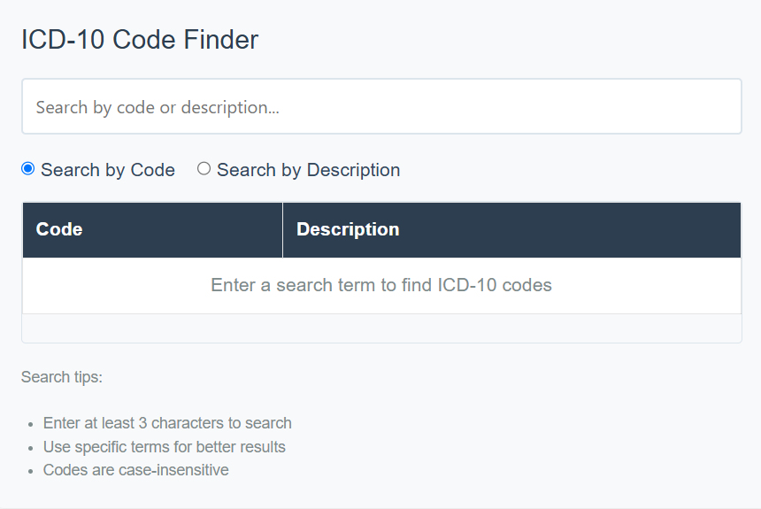 icd10 code finder dashboard image